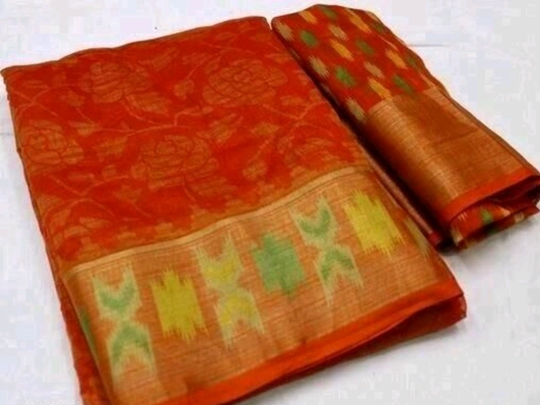 Brasso Cotton Saree With Big Border  - Orange, Free Size, Cotton, Print, Pack of1